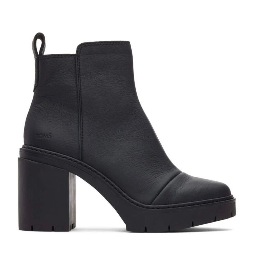 BRAND NEW Toms Rya Heeled Black Leather Bootie